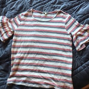 Red,white and black striped ruffle sleeve top.